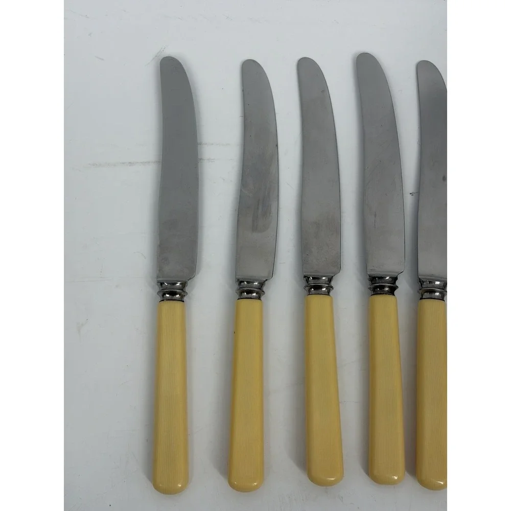 Vintage Sheffield Dinner Knives Set 6‎ Yellow Handle MCM Retro Flatware